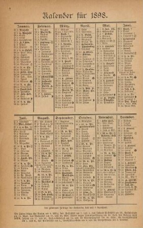 Kalender für 1898
