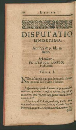 Disputatio Undecima. Respondente Friderico Costo