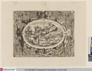 [Elija fährt mit einem feurigen Wagen und feurigen Pferden zum Himmel empor, im Hintergrund will Elischa das Wasser des Jordan teilen; Elijah's ascension in a chariot of fire]