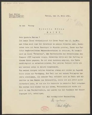 Brief an B. Schott's Söhne : 19.03.1931