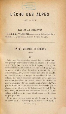 L' echo des alpes. [23]. 1887