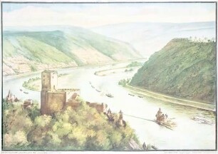 Blick über Burg Gutenfels auf den Rhein mit der Pfalz