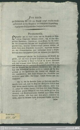 Pro nota zur Erläuterung des sub 12. August 1796 intuitu modi collectandi an den Magistrat der Reichsstadt Regensburg ergangenen Höchstpreißlichen Reichshofraths-Conclusi