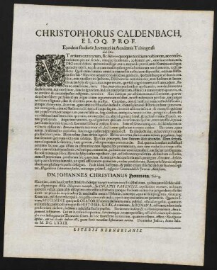 Christophorus Caldenbach, Eloq. Prof. Ejusdem studiosae Juventuti in Academia Tubingensi Sal. Dic.