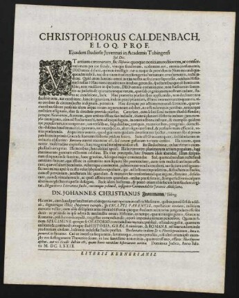 Christophorus Caldenbach, Eloq. Prof. Ejusdem studiosae Juventuti in Academia Tubingensi Sal. Dic.