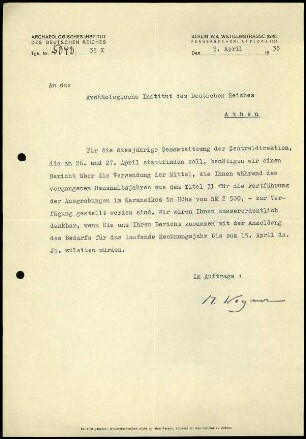 M. Wegner an DAI Athen
