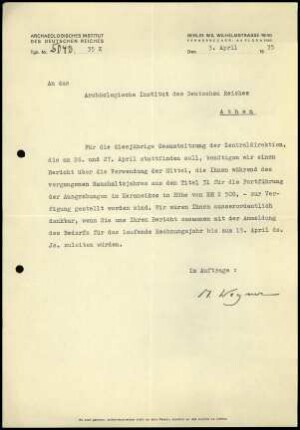 M. Wegner an DAI Athen