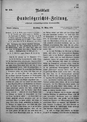 Beiblatt zur hamburgischen Handelsgerichts-Zeitung No. 11. Neunter Jahrgang. Hamburg, 18. März 1876.