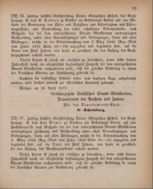 73. Ministerial-Bekanntmachung, ein Erfindungs-Patent auf eine Fachfilterpresse betreffend