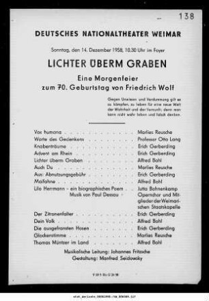 Lichter überm Graben Eine Morgenfeier zum 70. Geburtstag von Friedrich Wolf