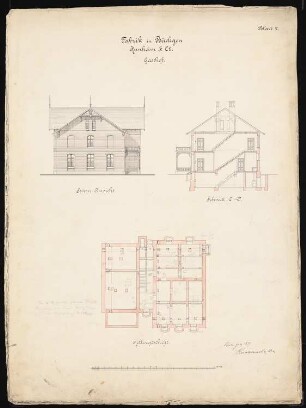 Grube Ilse (Kunheim & Co.), Großräschen/Bückgen Gasthof: Grundriss Keller, Seitenansicht, Schnitt CD
