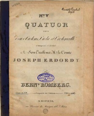 Quatuor pour deux violons, viola et violoncelle, 1. No. V : oeuv. 25 no. 1