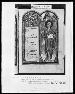 Psalterium (sogenannter Landgrafenpsalter) — Kalendar, Folio 1verso-7recto — Buchseite Oktober mit Apostel Simon und Monatsbild, Folio 6recto