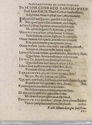 Dn. M. Joh. Conrado Dannhawero Poët. Laur. Caes. SS. Theol. Cultori laudatissimo ...