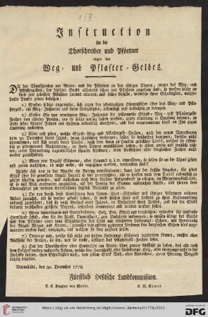 Instruction für die Thorschreiber und Pförtner wegen des Weg- und Pflaster-Geldes