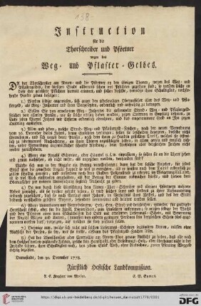 Instruction für die Thorschreiber und Pförtner wegen des Weg- und Pflaster-Geldes