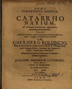 Dissertatio Medica, De Catarrho Narium