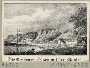 Ansicht der Basteifelsen bei Rathen in der Sächsischen Schweiz, Blick von unterhalb der linken Elbseite nach Nordwesten