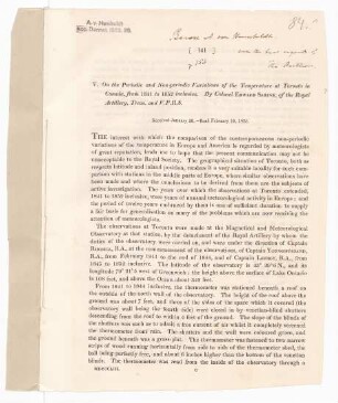 On the Periodic and Non-periodic Variations of the Temperature at Toronto in Canada from 1841 to 1852 inclusive.