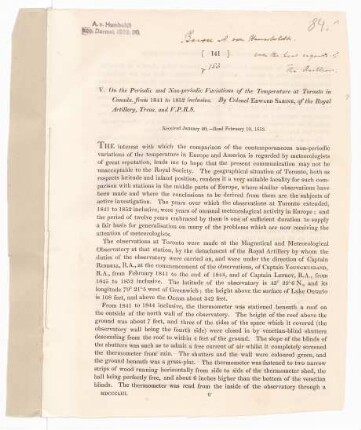 On the Periodic and Non-periodic Variations of the Temperature at Toronto in Canada from 1841 to 1852 inclusive.