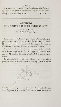 Construction de la tangente a la courbe d'ombre de la vis.