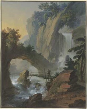 Steg über einen Wasserfall, darüber ein Felsentor