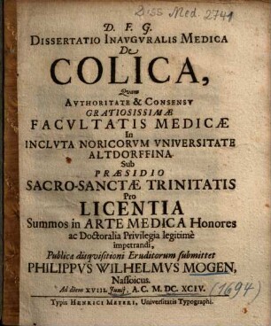 Dissertatio Inavgvralis Medica De Colica