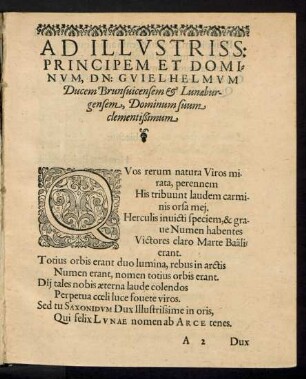 Ad Illustriss: Principem Et Dominum, Dn: Guielhelmum Ducem Brunsvicensem & Lunaeburgensem, Dominum suum clementißimum.