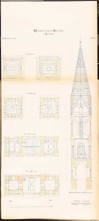 Dom, Halberstadt Wiederherstellung der Türme: Schnitt durch den Nordturm, Grundrisse 3.-6. OG