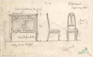Fischer, Theodor; Blaichach; Haus Gradner - Schränkchen (Kredenz) u. Sessel im Speisezimmer (Ansichten)