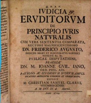Iudicia eruditorum de principio iuris natur. cum vera sententia comparata