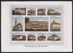 Ansicht von Kirchberg, Lithographie, um 1840 : Täubert, Gustav : Kirchberg und seine Hauptgebäude / N. d. Nat. gez. v. G. Täubert Dresden : Hermann Schmidt ; Dresden : J. H. Ketzschau , [um 1840]. - 11 Ansichten auf 1 Kunstblatt : Lithographie, koloriert ; Gesamtgröße 31 x 42 cm, Bildgröße 24 x 32 cm // 1 Gesamtansicht mit 10 Detailansichten