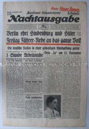 Abendzeitung "Berliner illustrierte Nachtausgabe" vom Vorabend einer Großveranstaltung mit Hitler in einem Berliner Betrieb