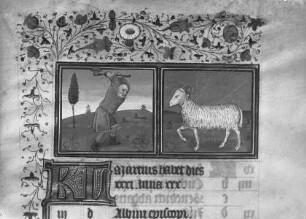 Stundenbuch Karls V. — Monatsblatt März mit Tierkreiszeichen Widder, Folio 195