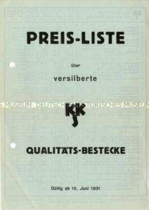 Preisliste über versilberte Qualitäts-Bestecke