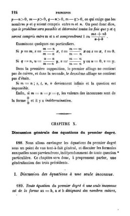 Chapitre X. Discussion générale des équaions du premier degré.