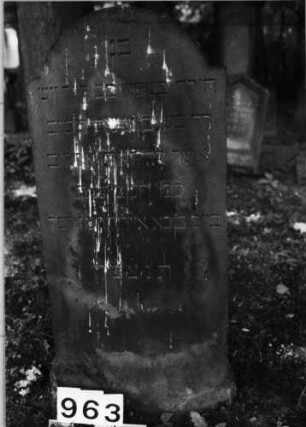 Grabstein 963 (Index: 99630455) Material: Sandstein Zustand: verwittert/abgeblättert Maße HxBxT: 95x44x5 cm Beschreibung: Stele mit eingezogenem Segmentbogenabschluß Besonderheit: Zitat Psalm 92, 14: Grabstein 963