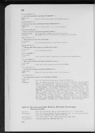 SFB 115: Psychosomatische Medizin, Klinische Psychologie, Psychotherapie
