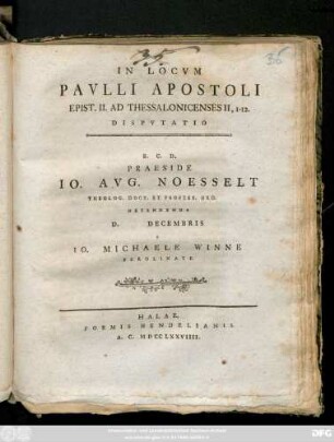 In Locvm Pavlli Apostoli Epist. II. Ad Thessalonicenses II, 1-12. : Dispvtatio
