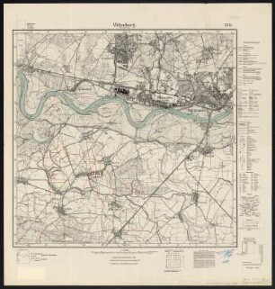 Messtischblatt [4141] = 2316 : Lutherstadt Wittenberg, 1921 : Messtischblatt [4141] = 2316 : Wittenberg : Prov. Sachsen. - Aufn. 1902, berichtigt 1921. - [Berlin] : Reichsamt für Landesaufnahme, 1921. - 1 Kt. : zweifarbig. - Mit Gitternetz, Planzeiger und Zeichenerklärung