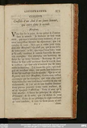 CLXXXXVII. Conseils d'un Ami à un jeune homme, qui entre dans le monde.
