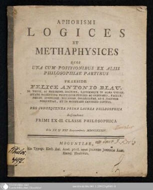 Aphorismi Logices Et Metaphysices : Quos Una Cum Positionibus Ex Aliis Philosophiae Partibus