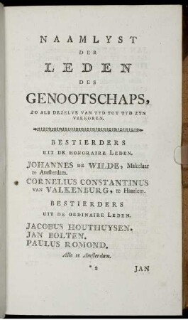 Naamlyst der leden des genootschaps, zo als dezelve van tyd tot tyd zyn verkoren.