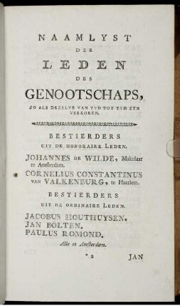 Naamlyst der leden des genootschaps, zo als dezelve van tyd tot tyd zyn verkoren.