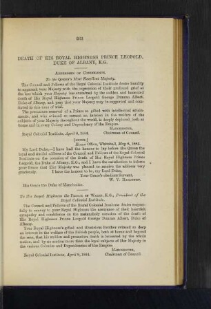 Death of His Royal Highness, Prince Leopold, Duke of Albany, K.G. Addresses of Condolence.