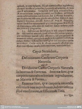 Caput Secundum explicans Definitionem Causarum Corporis Naturalis qua est Dividuntur Causae Corporis Nauralis in Internas & Externas.