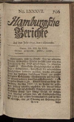 No. LXXXVII. Auf das Jahr 1735, den 1 Novembr. - No. LXXXXV. Auf das Jahr 1735, den 29 Novembr.