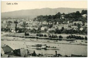 Copitz. Blick auf Copitz mit Elbe und Dampfer