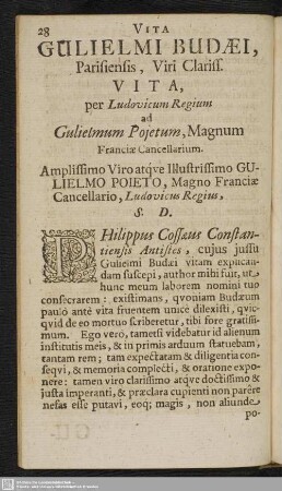 Gulielmi Budaei, Parisienis, Viri Clariss. Vita, per Ludovicum Regium ad Gulielmum Poietum, Magnum Franciae Cancellarium
