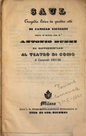 Saul : tragedia lirica in quattro atti ; da rappresentarsi al Teatro di Como il carnevale 1857 - 58